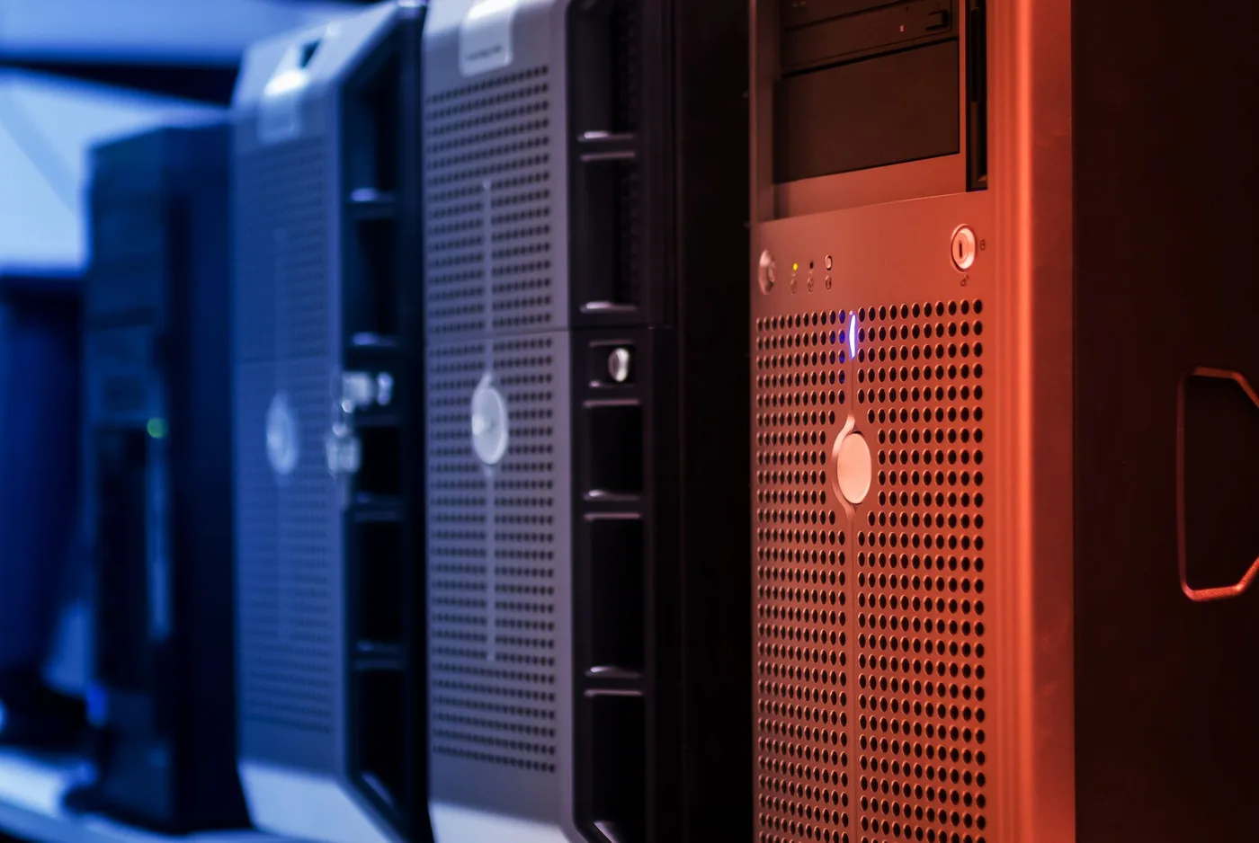 Servers lined up in a data center and the hosting infrastructure where website data is stored